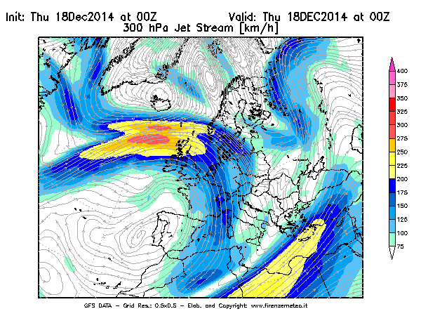 Mappa di analisi GFS - Jet Stream a 300 hPa in Europa
							del 18/12/2014 00 <!--googleoff: index-->UTC<!--googleon: index-->