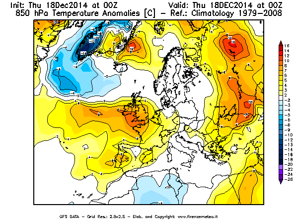 Mappa di analisi GFS - Anomalia Temperatura [°C] a 850 hPa in Europa
							del 18/12/2014 00 <!--googleoff: index-->UTC<!--googleon: index-->