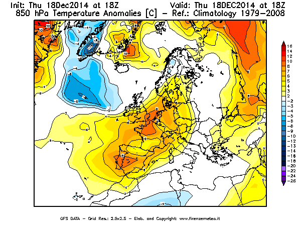 Mappa di analisi GFS - Anomalia Temperatura [°C] a 850 hPa in Europa
							del 18/12/2014 18 <!--googleoff: index-->UTC<!--googleon: index-->