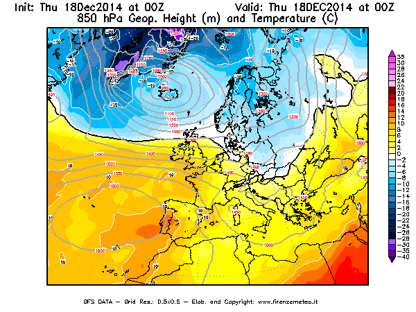 Mappa di analisi GFS - Geopotenziale [m] e Temperatura [°C] a 850 hPa in Europa
							del 18/12/2014 00 <!--googleoff: index-->UTC<!--googleon: index-->