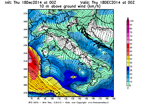 Mappa di analisi GFS - Velocità del vento a 10 metri dal suolo [km/h] in Italia
							del 18/12/2014 00 <!--googleoff: index-->UTC<!--googleon: index-->