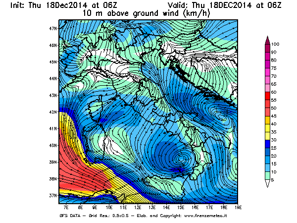 Mappa di analisi GFS - Velocità del vento a 10 metri dal suolo [km/h] in Italia
							del 18/12/2014 06 <!--googleoff: index-->UTC<!--googleon: index-->