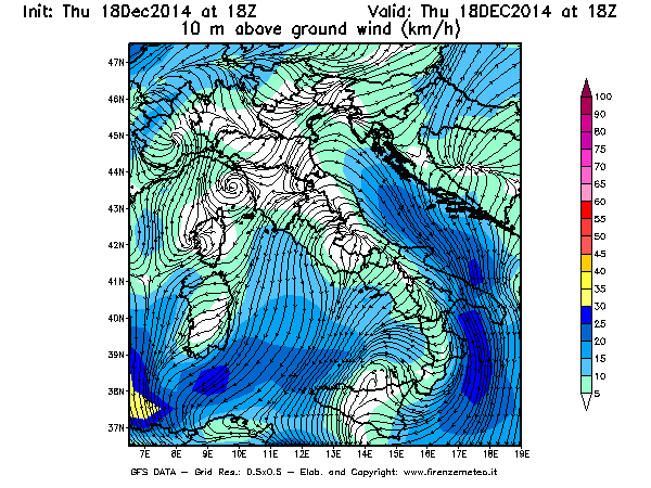 Mappa di analisi GFS - Velocità del vento a 10 metri dal suolo [km/h] in Italia
							del 18/12/2014 18 <!--googleoff: index-->UTC<!--googleon: index-->