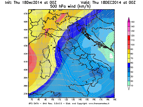 Mappa di analisi GFS - Velocità del vento a 500 hPa [km/h] in Italia
							del 18/12/2014 00 <!--googleoff: index-->UTC<!--googleon: index-->