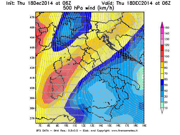 Mappa di analisi GFS - Velocità del vento a 500 hPa [km/h] in Italia
							del 18/12/2014 06 <!--googleoff: index-->UTC<!--googleon: index-->