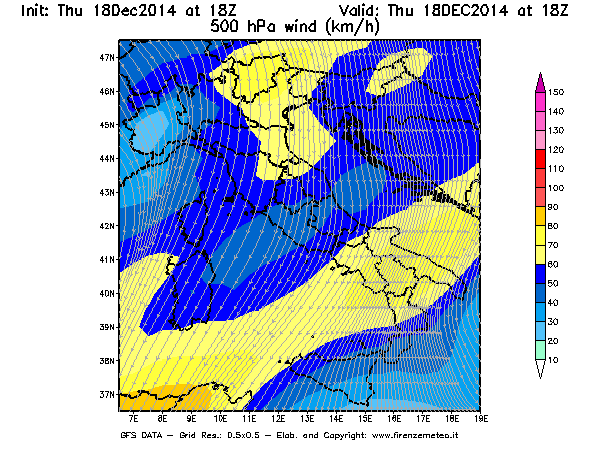 Mappa di analisi GFS - Velocità del vento a 500 hPa [km/h] in Italia
							del 18/12/2014 18 <!--googleoff: index-->UTC<!--googleon: index-->
