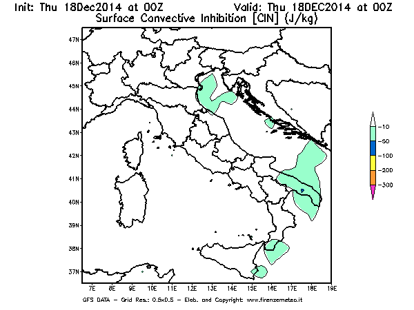 Mappa di analisi GFS - CIN [J/kg] in Italia
							del 18/12/2014 00 <!--googleoff: index-->UTC<!--googleon: index-->
