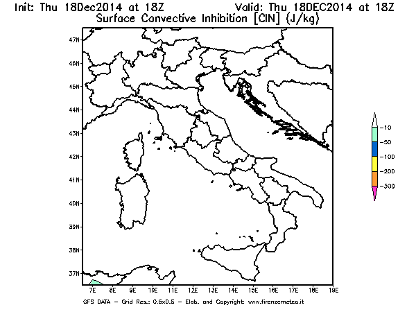 Mappa di analisi GFS - CIN [J/kg] in Italia
							del 18/12/2014 18 <!--googleoff: index-->UTC<!--googleon: index-->