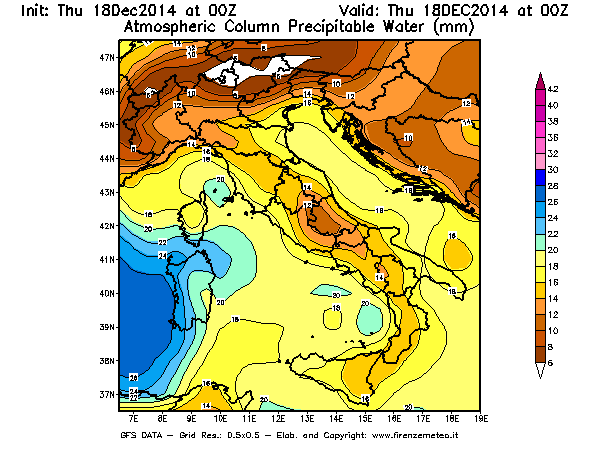 Mappa di analisi GFS - Precipitable Water [mm] in Italia
							del 18/12/2014 00 <!--googleoff: index-->UTC<!--googleon: index-->