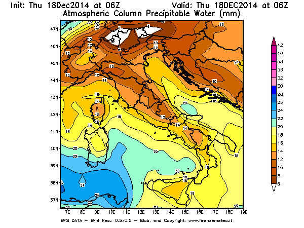 Mappa di analisi GFS - Precipitable Water [mm] in Italia
							del 18/12/2014 06 <!--googleoff: index-->UTC<!--googleon: index-->