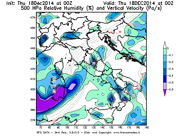 Mappa di analisi GFS - Umidità relativa [%] e Omega [Pa/s] a 500 hPa in Italia
							del 18/12/2014 00 <!--googleoff: index-->UTC<!--googleon: index-->