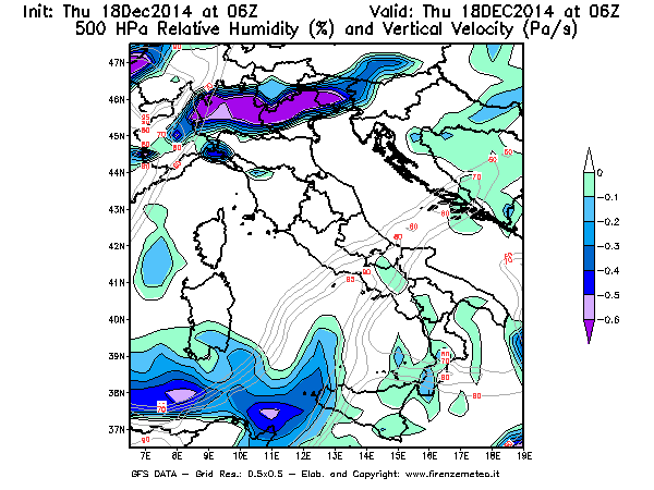 Mappa di analisi GFS - Umidità relativa [%] e Omega [Pa/s] a 500 hPa in Italia
							del 18/12/2014 06 <!--googleoff: index-->UTC<!--googleon: index-->