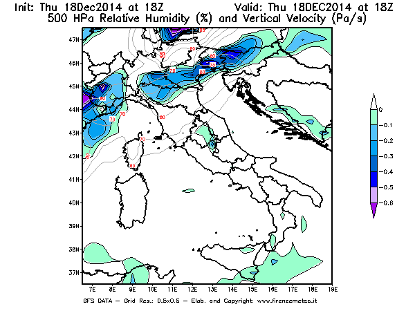 Mappa di analisi GFS - Umidità relativa [%] e Omega [Pa/s] a 500 hPa in Italia
							del 18/12/2014 18 <!--googleoff: index-->UTC<!--googleon: index-->