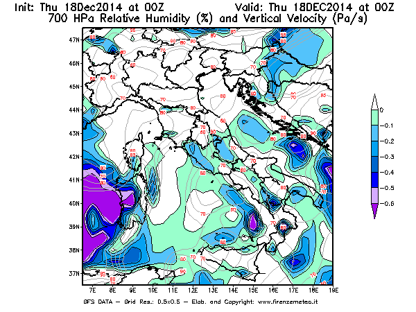 Mappa di analisi GFS - Umidità relativa [%] e Omega [Pa/s] a 700 hPa in Italia
							del 18/12/2014 00 <!--googleoff: index-->UTC<!--googleon: index-->