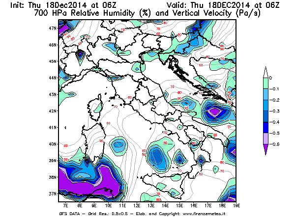 Mappa di analisi GFS - Umidità relativa [%] e Omega [Pa/s] a 700 hPa in Italia
							del 18/12/2014 06 <!--googleoff: index-->UTC<!--googleon: index-->