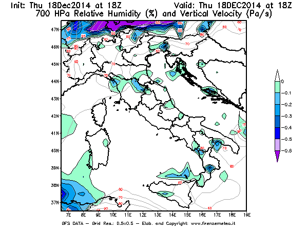 Mappa di analisi GFS - Umidità relativa [%] e Omega [Pa/s] a 700 hPa in Italia
							del 18/12/2014 18 <!--googleoff: index-->UTC<!--googleon: index-->