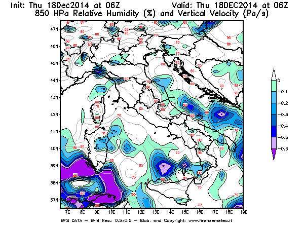 Mappa di analisi GFS - Umidità relativa [%] e Omega [Pa/s] a 850 hPa in Italia
							del 18/12/2014 06 <!--googleoff: index-->UTC<!--googleon: index-->
