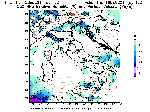 Mappa di analisi GFS - Umidità relativa [%] e Omega [Pa/s] a 850 hPa in Italia
							del 18/12/2014 18 <!--googleoff: index-->UTC<!--googleon: index-->