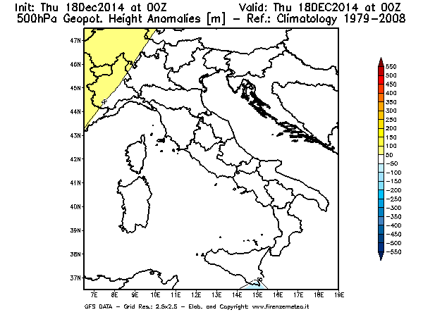 Mappa di analisi GFS - Anomalia di Geopotenziale a 500 hPa in Italia
							del 18/12/2014 00 <!--googleoff: index-->UTC<!--googleon: index-->