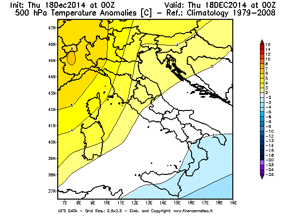 Mappa di analisi GFS - Anomalia Temperatura [°C] a 500 hPa in Italia
							del 18/12/2014 00 <!--googleoff: index-->UTC<!--googleon: index-->