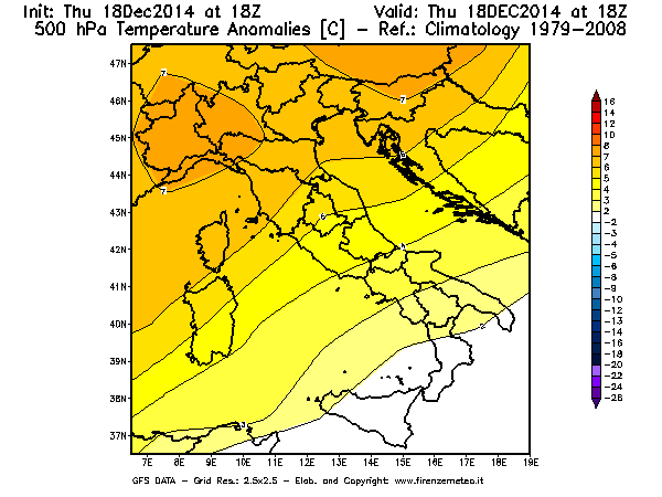 Mappa di analisi GFS - Anomalia Temperatura [°C] a 500 hPa in Italia
							del 18/12/2014 18 <!--googleoff: index-->UTC<!--googleon: index-->