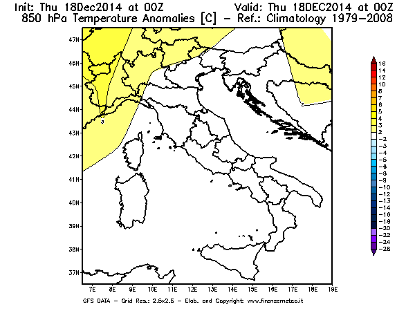 Mappa di analisi GFS - Anomalia Temperatura [°C] a 850 hPa in Italia
							del 18/12/2014 00 <!--googleoff: index-->UTC<!--googleon: index-->