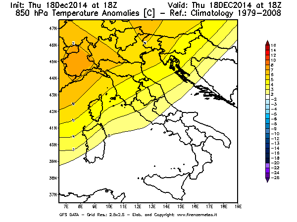 Mappa di analisi GFS - Anomalia Temperatura [°C] a 850 hPa in Italia
							del 18/12/2014 18 <!--googleoff: index-->UTC<!--googleon: index-->