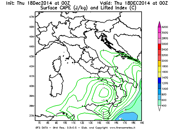 Mappa di analisi GFS - CAPE [J/kg] e Lifted Index [°C] in Italia
							del 18/12/2014 00 <!--googleoff: index-->UTC<!--googleon: index-->