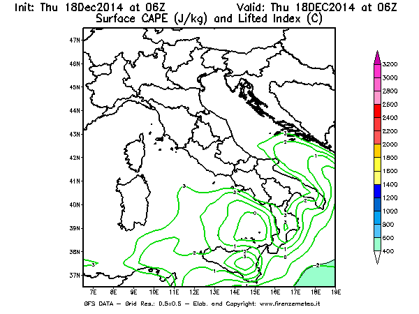 Mappa di analisi GFS - CAPE [J/kg] e Lifted Index [°C] in Italia
							del 18/12/2014 06 <!--googleoff: index-->UTC<!--googleon: index-->