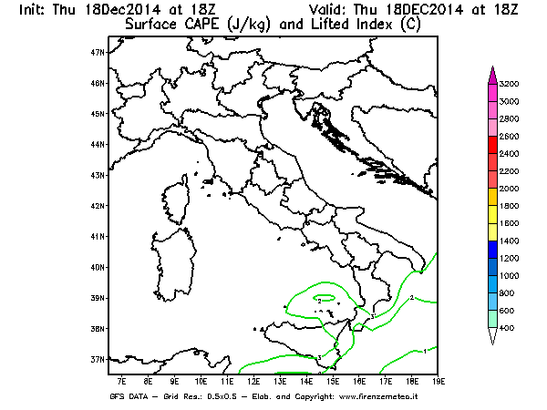 Mappa di analisi GFS - CAPE [J/kg] e Lifted Index [°C] in Italia
							del 18/12/2014 18 <!--googleoff: index-->UTC<!--googleon: index-->