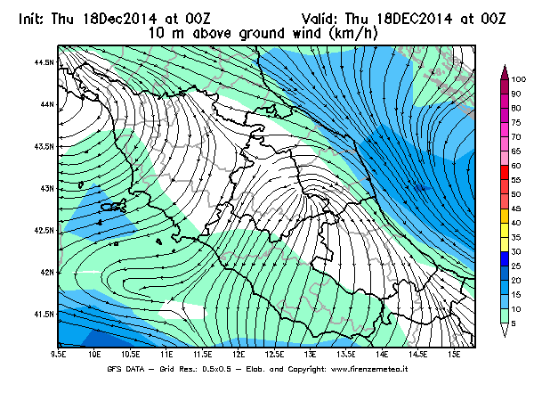 Mappa di analisi GFS - Velocità del vento a 10 metri dal suolo [km/h] in Centro-Italia
							del 18/12/2014 00 <!--googleoff: index-->UTC<!--googleon: index-->