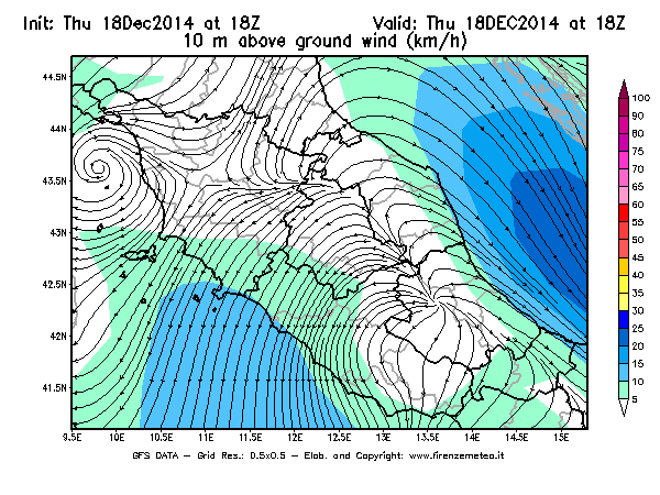 Mappa di analisi GFS - Velocità del vento a 10 metri dal suolo [km/h] in Centro-Italia
							del 18/12/2014 18 <!--googleoff: index-->UTC<!--googleon: index-->