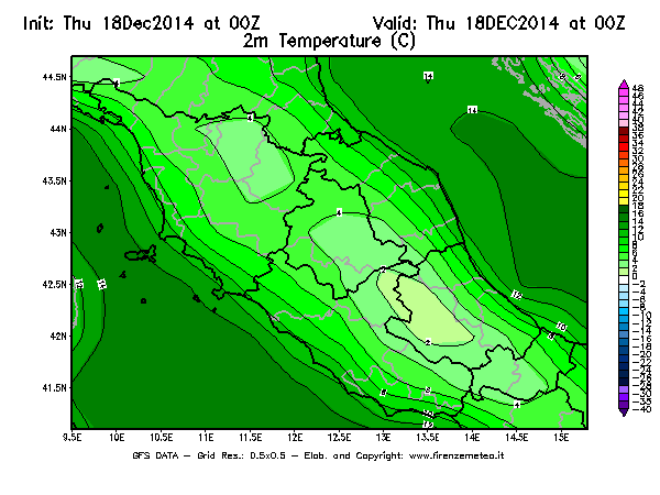 Mappa di analisi GFS - Temperatura a 2 metri dal suolo [°C] in Centro-Italia
							del 18/12/2014 00 <!--googleoff: index-->UTC<!--googleon: index-->