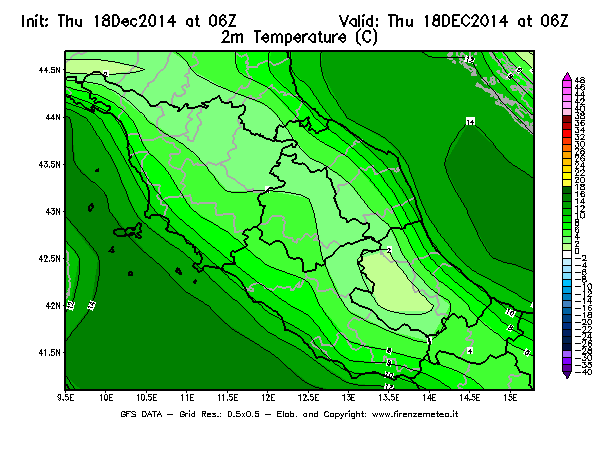 Mappa di analisi GFS - Temperatura a 2 metri dal suolo [°C] in Centro-Italia
							del 18/12/2014 06 <!--googleoff: index-->UTC<!--googleon: index-->