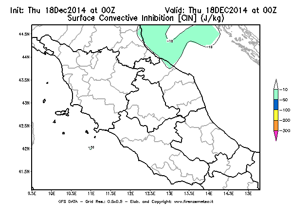 Mappa di analisi GFS - CIN [J/kg] in Centro-Italia
							del 18/12/2014 00 <!--googleoff: index-->UTC<!--googleon: index-->