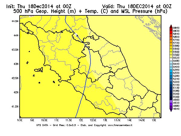 Mappa di analisi GFS - Geopotenziale [m] + Temp. [°C] a 500 hPa + Press. a livello del mare [hPa] in Centro-Italia
							del 18/12/2014 00 <!--googleoff: index-->UTC<!--googleon: index-->