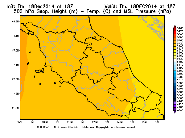 Mappa di analisi GFS - Geopotenziale [m] + Temp. [°C] a 500 hPa + Press. a livello del mare [hPa] in Centro-Italia
							del 18/12/2014 18 <!--googleoff: index-->UTC<!--googleon: index-->