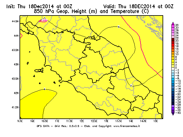 Mappa di analisi GFS - Geopotenziale [m] e Temperatura [°C] a 850 hPa in Centro-Italia
							del 18/12/2014 00 <!--googleoff: index-->UTC<!--googleon: index-->