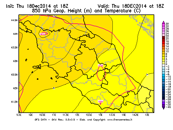 Mappa di analisi GFS - Geopotenziale [m] e Temperatura [°C] a 850 hPa in Centro-Italia
							del 18/12/2014 18 <!--googleoff: index-->UTC<!--googleon: index-->