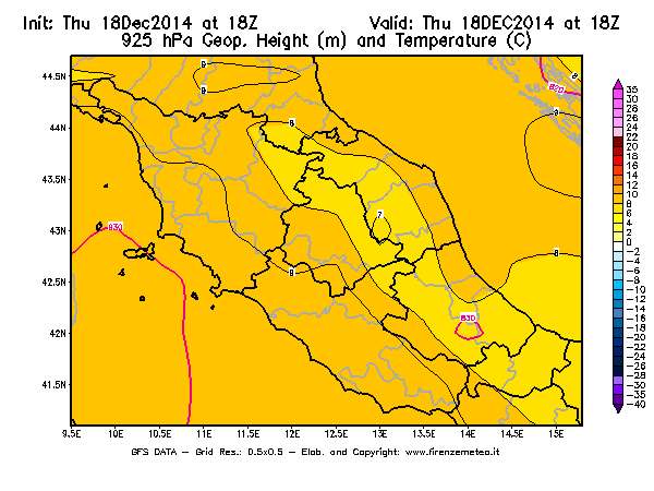 Mappa di analisi GFS - Geopotenziale [m] e Temperatura [°C] a 925 hPa in Centro-Italia
							del 18/12/2014 18 <!--googleoff: index-->UTC<!--googleon: index-->