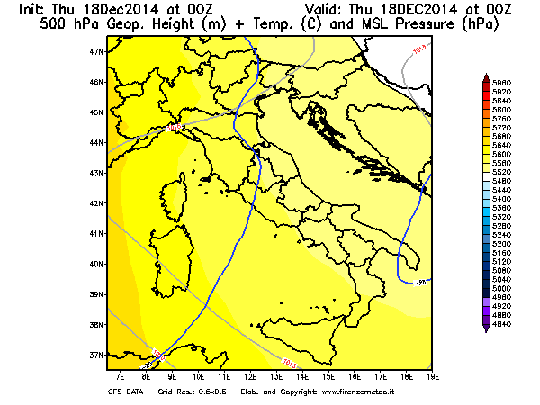 Mappa di analisi GFS - Geopotenziale [m] + Temp. [°C] a 500 hPa + Press. a livello del mare [hPa] in Italia
							del 18/12/2014 00 <!--googleoff: index-->UTC<!--googleon: index-->