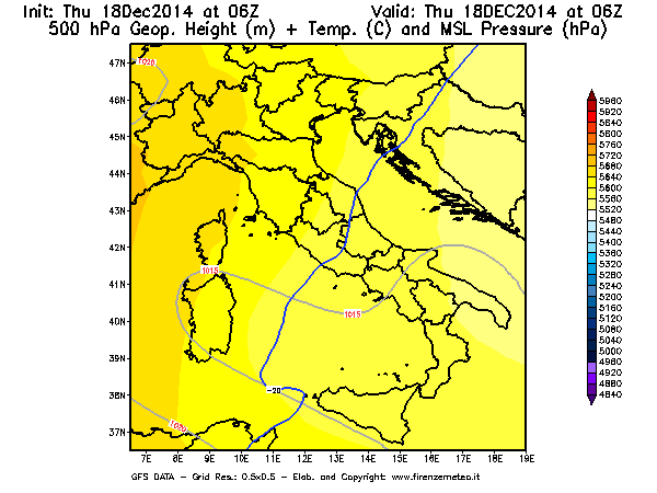 Mappa di analisi GFS - Geopotenziale [m] + Temp. [°C] a 500 hPa + Press. a livello del mare [hPa] in Italia
							del 18/12/2014 06 <!--googleoff: index-->UTC<!--googleon: index-->