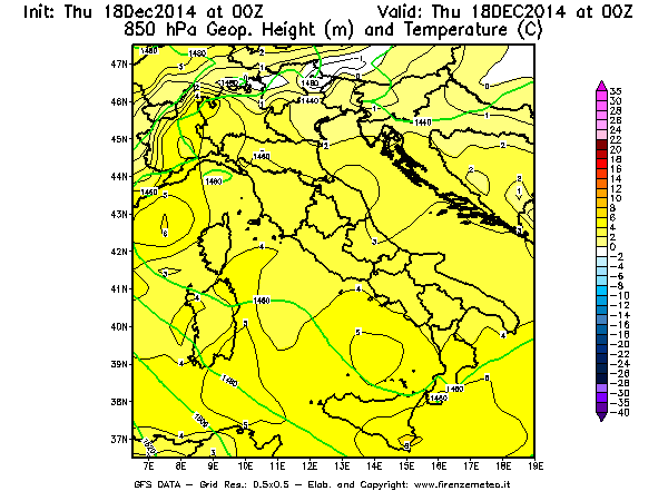 Mappa di analisi GFS - Geopotenziale [m] e Temperatura [°C] a 850 hPa in Italia
							del 18/12/2014 00 <!--googleoff: index-->UTC<!--googleon: index-->