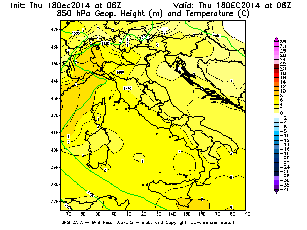 Mappa di analisi GFS - Geopotenziale [m] e Temperatura [°C] a 850 hPa in Italia
							del 18/12/2014 06 <!--googleoff: index-->UTC<!--googleon: index-->