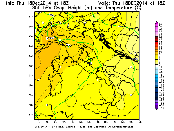 Mappa di analisi GFS - Geopotenziale [m] e Temperatura [°C] a 850 hPa in Italia
							del 18/12/2014 18 <!--googleoff: index-->UTC<!--googleon: index-->