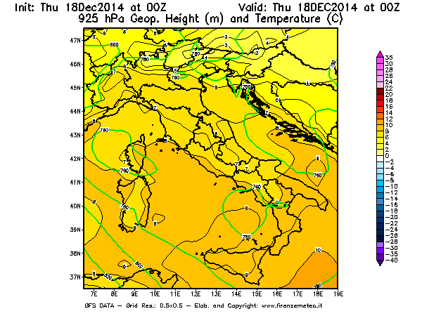 Mappa di analisi GFS - Geopotenziale [m] e Temperatura [°C] a 925 hPa in Italia
							del 18/12/2014 00 <!--googleoff: index-->UTC<!--googleon: index-->