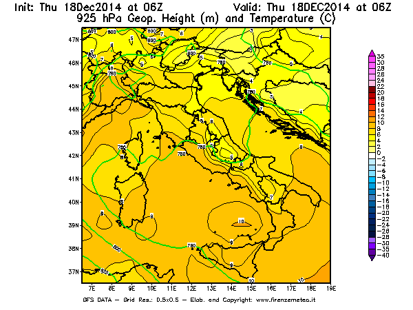 Mappa di analisi GFS - Geopotenziale [m] e Temperatura [°C] a 925 hPa in Italia
							del 18/12/2014 06 <!--googleoff: index-->UTC<!--googleon: index-->