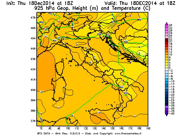 Mappa di analisi GFS - Geopotenziale [m] e Temperatura [°C] a 925 hPa in Italia
							del 18/12/2014 18 <!--googleoff: index-->UTC<!--googleon: index-->