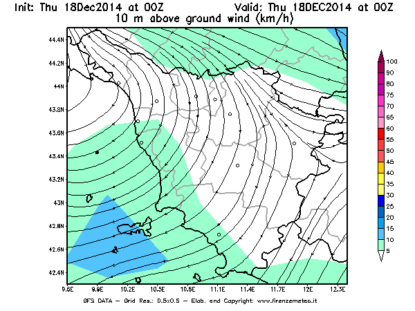Mappa di analisi GFS - Velocità del vento a 10 metri dal suolo [km/h] in Toscana
							del 18/12/2014 00 <!--googleoff: index-->UTC<!--googleon: index-->