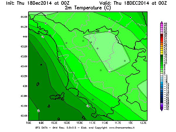 Mappa di analisi GFS - Temperatura a 2 metri dal suolo [°C] in Toscana
							del 18/12/2014 00 <!--googleoff: index-->UTC<!--googleon: index-->